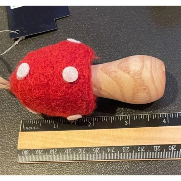 Red White Polka Dot Felt Wood Mushroom Toadstool Ornaments Christmas Set Of 2 #2 - Picture 4 of 5